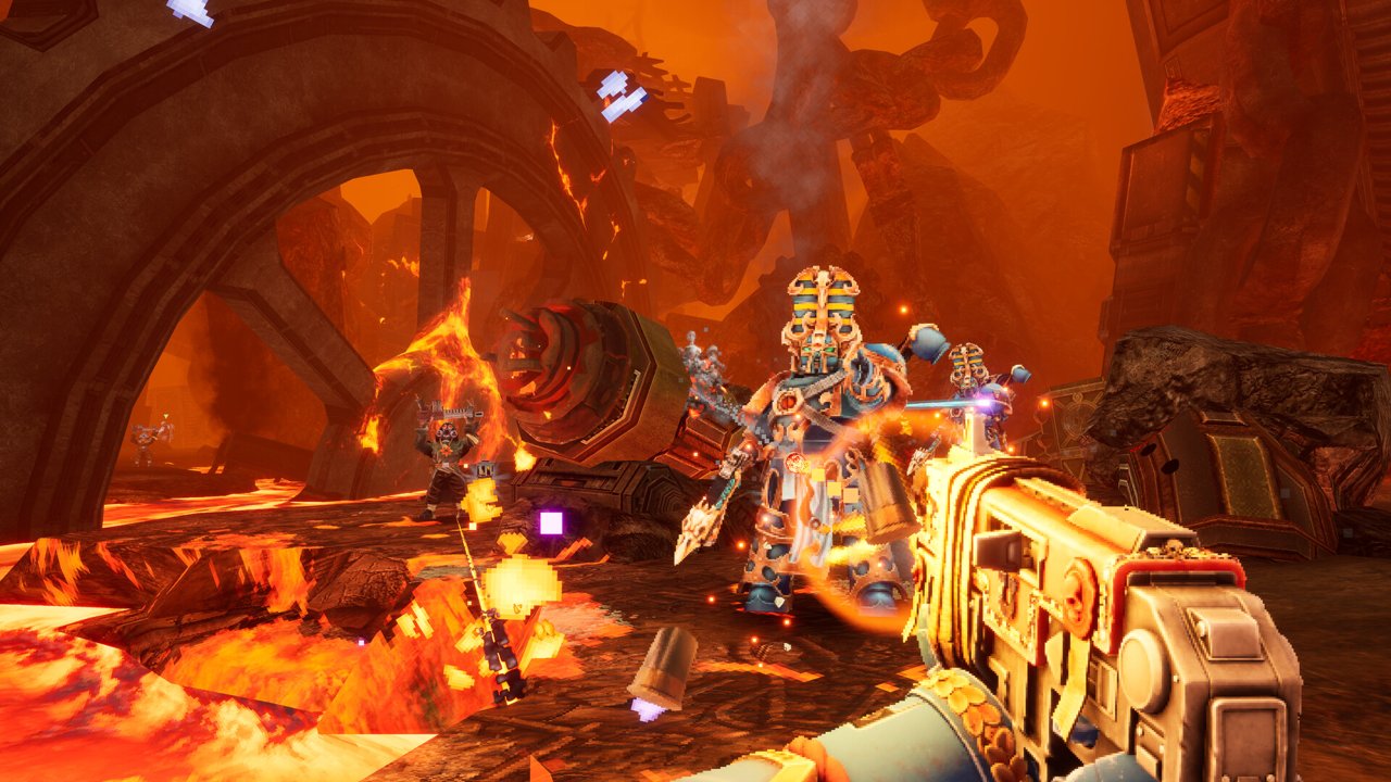 Official Boltgun 2 gameplay screenshot showing a first-person battle in a fiery arena