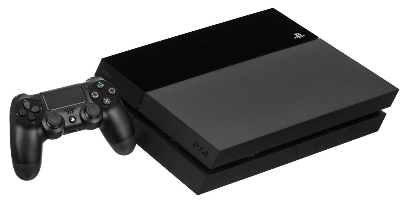 A black PlayStation 4 console and DualShock 4 controller on a white background.