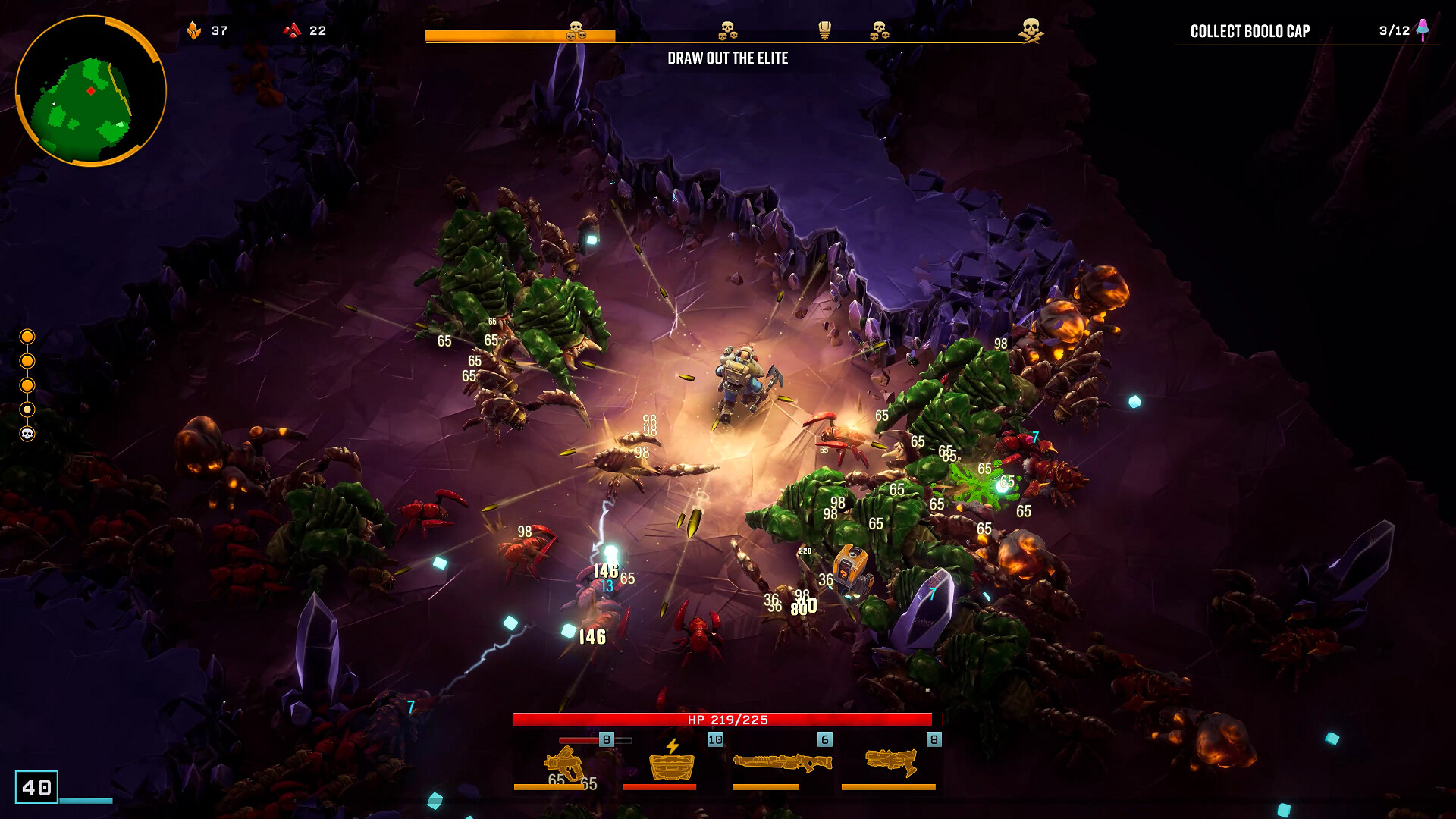 A dwarf miner under fire from alien bugs in a glowing cave in Deep Rock Galactic: Survivor