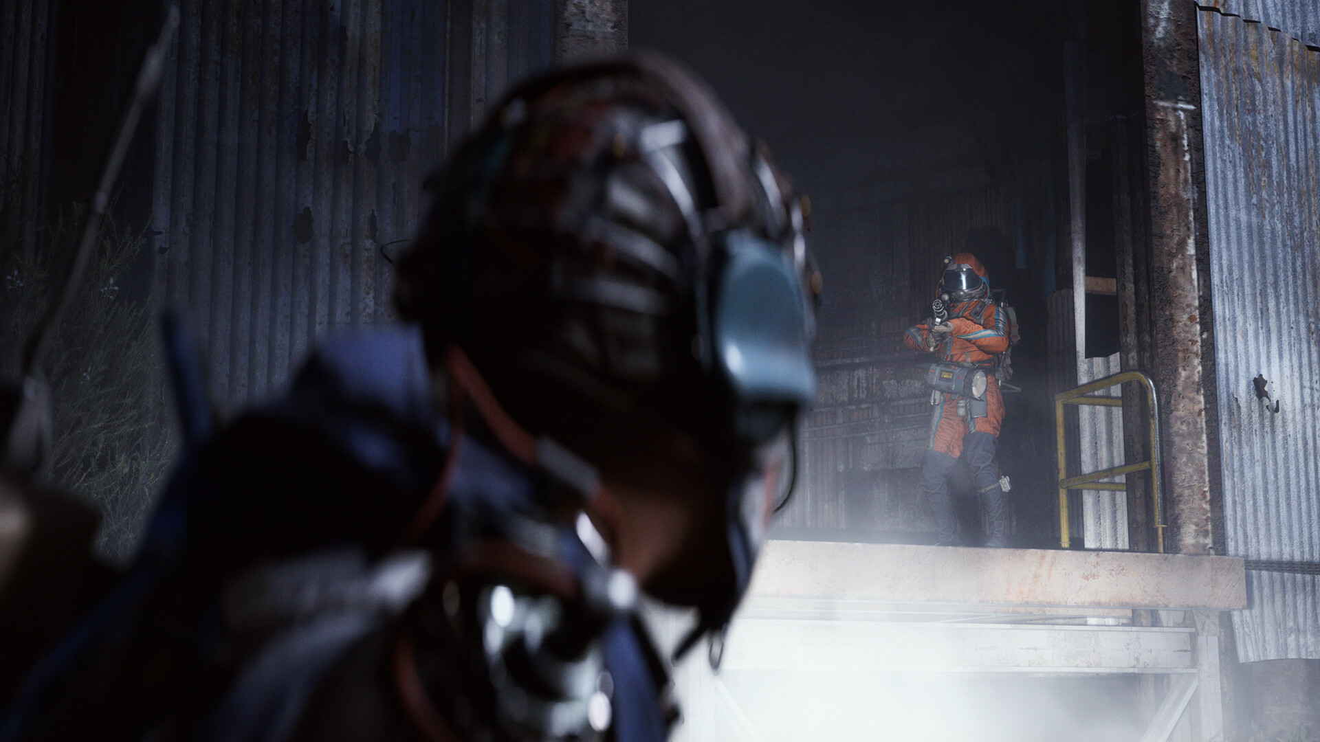 Raiders moving through a ruined industrial landscape under a pale sky in ARC Raiders