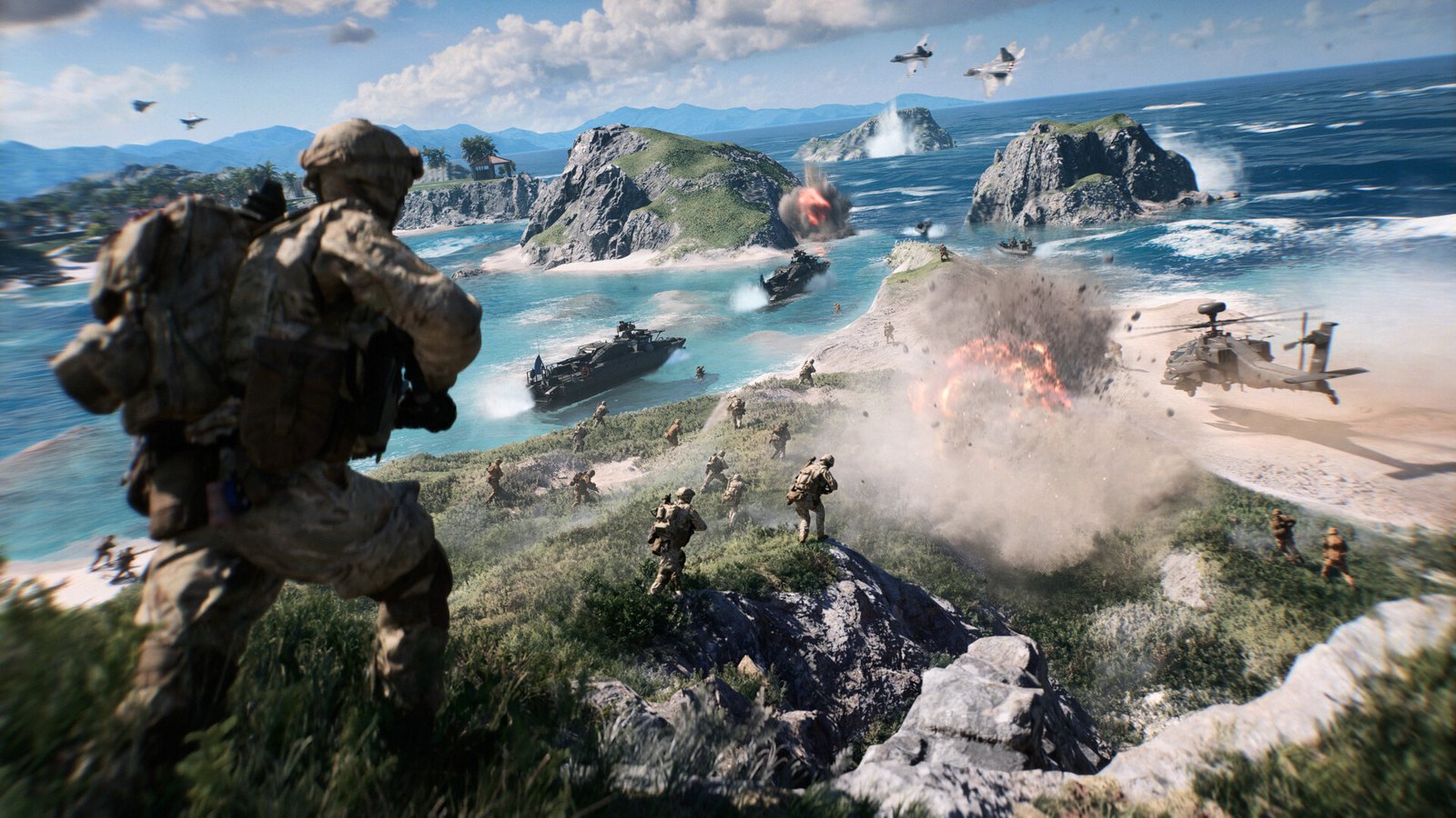 A Battlefield 6 soldier looks out over a coastal island battle as landing craft, helicopters and jets close in