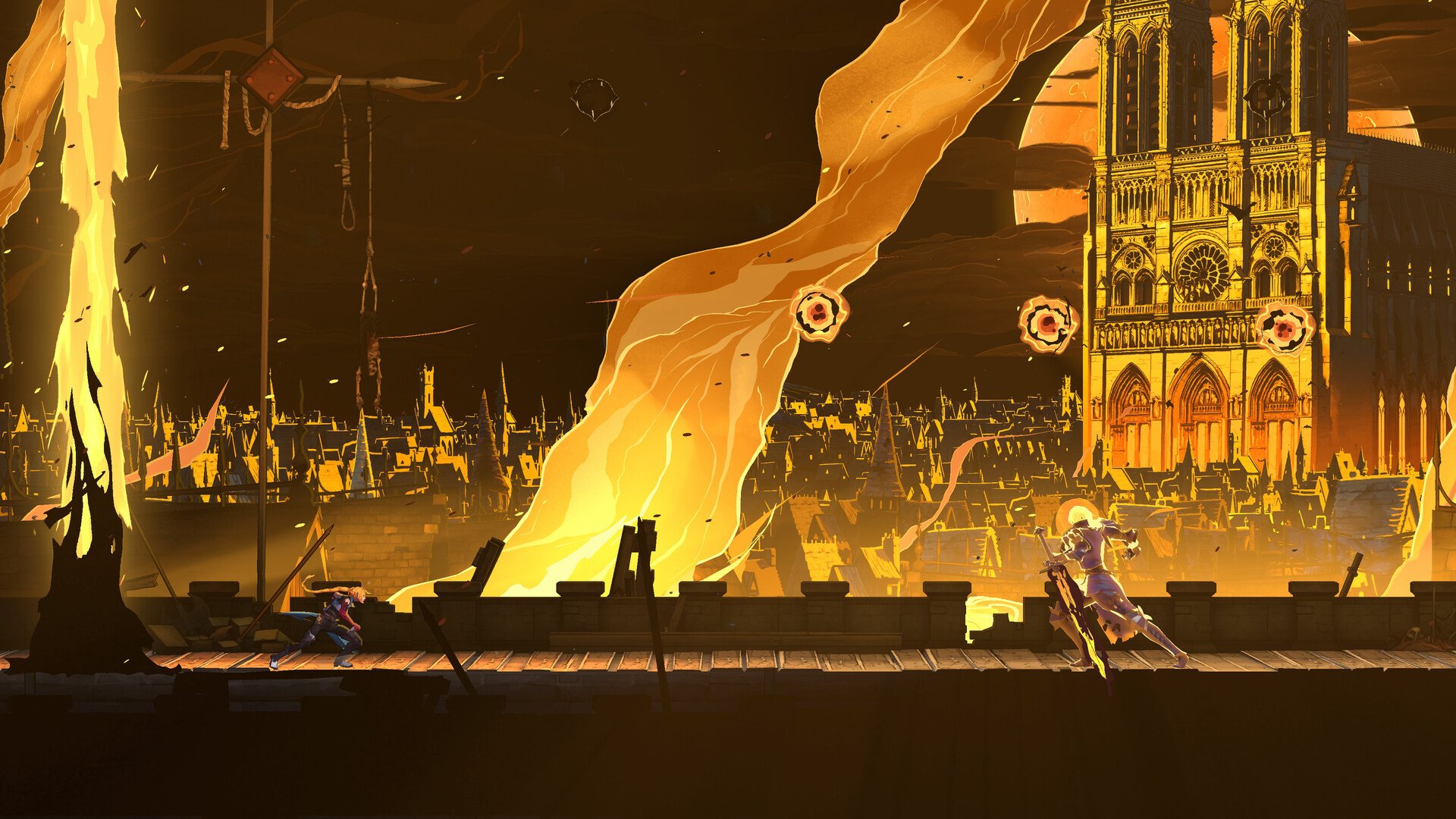 A whip-wielding hunter faces an armored knight on a rampart as fire sweeps across 15th-century Paris, with Notre-Dame lit orange behind them