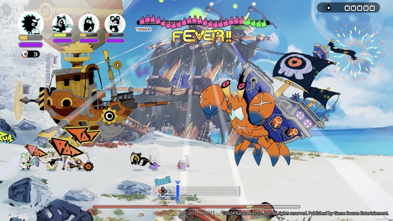 Official Ratatan gameplay screenshot with a pirate crab boss and rhythm-action characters