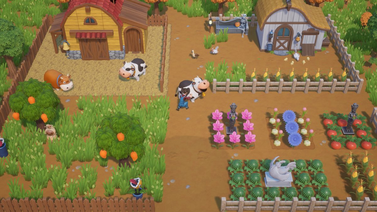 Official Coral Island screenshot showing a farmer, cows, chickens and planted garden beds