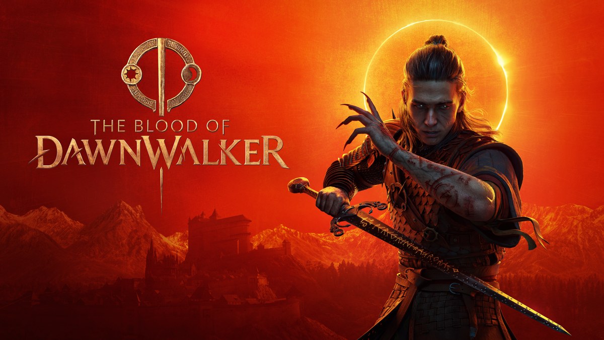 Official The Blood of Dawnwalker key art showing Coen holding a sword beneath a glowing eclipse.