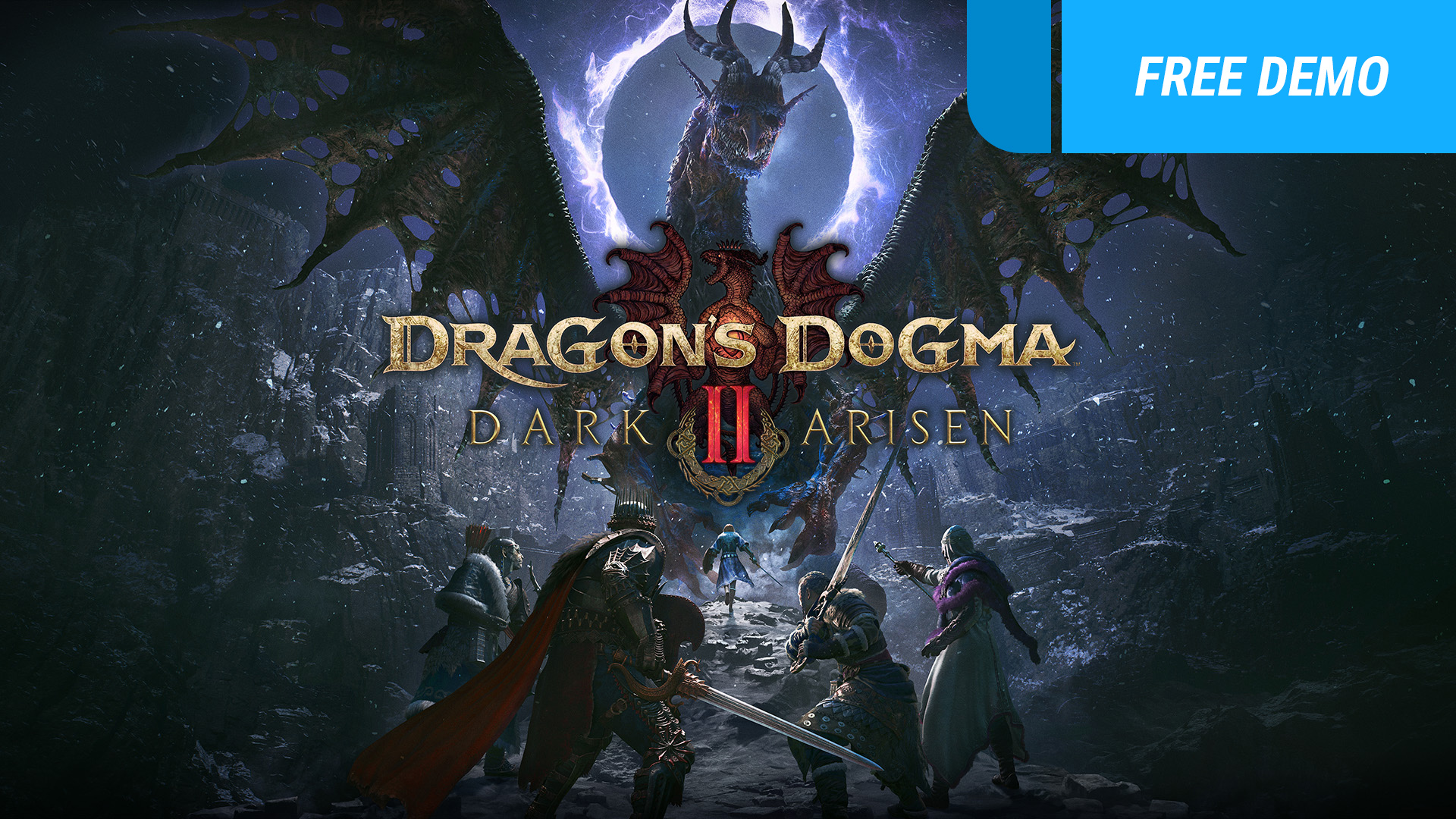 Key art for Dragon's Dogma 2: Dark Arisen showing the Arisen and pawns in a snowy northern landscape
