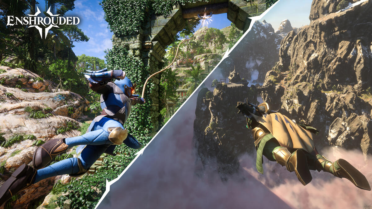 Official Enshrouded launch artwork pairing an adventurer using a grappling hook in green ruins with another gliding across a rocky canyon