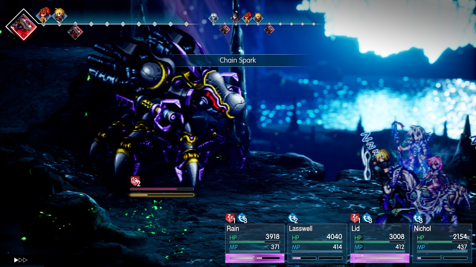 Final Fantasy Resonance battle screenshot showing four party members facing a large armored enemy, with turn order and combat status visible