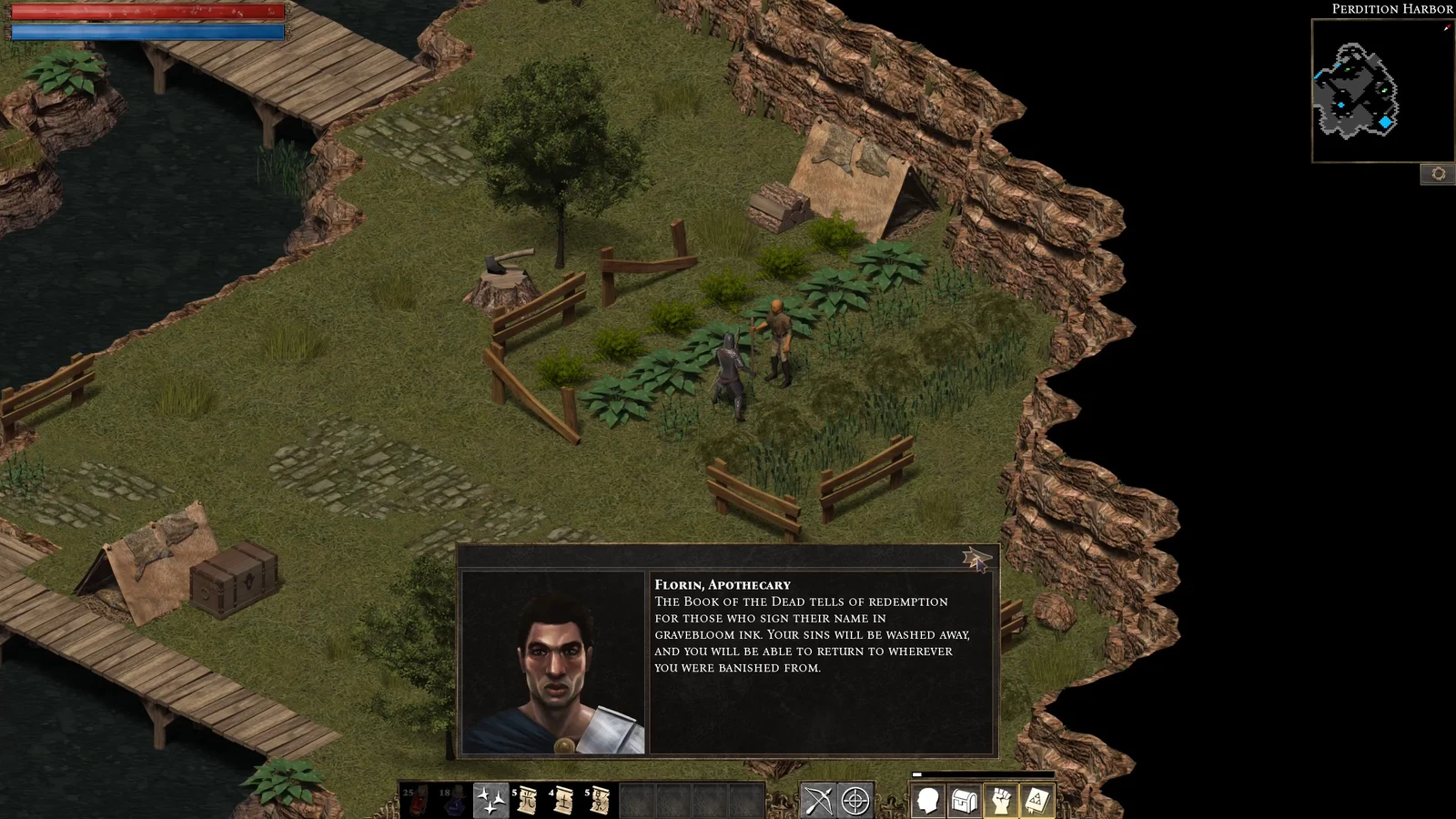 Flare: Empyrean Campaign gameplay with an NPC dialogue panel, location label, minimap and action bar visible.