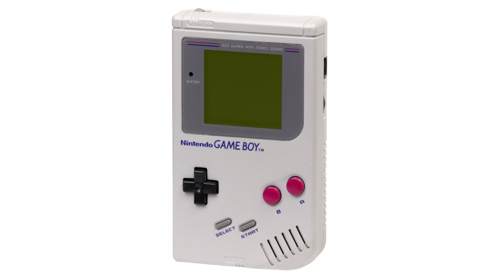 An original gray Nintendo Game Boy with a green screen, black directional pad and magenta buttons.