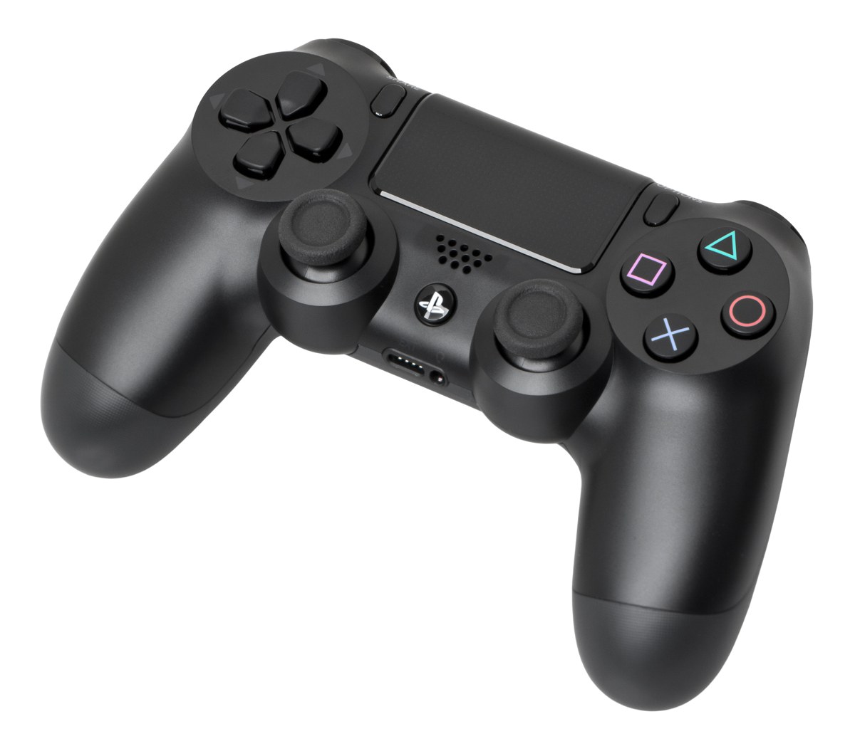 A black DualShock 4 controller photographed against a white background.
