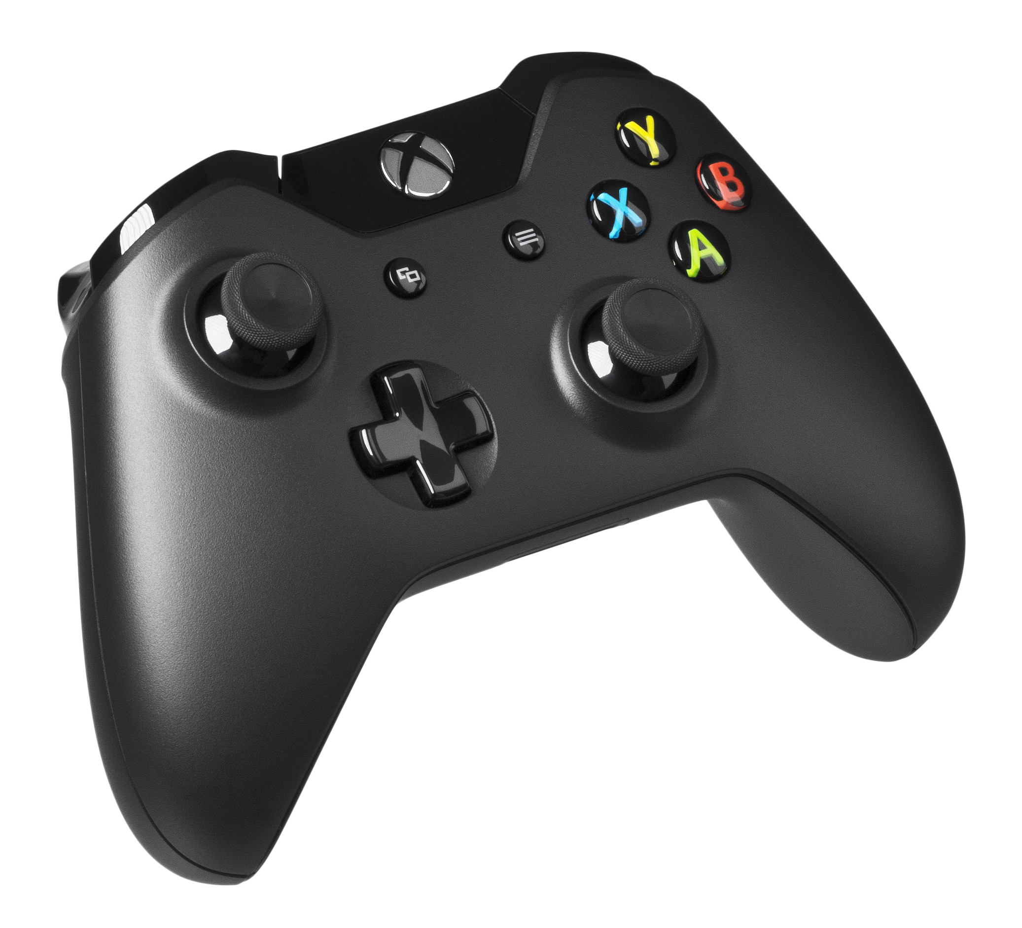 A black Xbox One controller photographed against a white background.