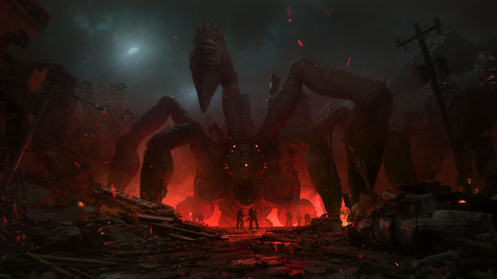 A giant spider-like Locust creature towers over a burning, ruined street in Gears of War: E-Day as a small squad of soldiers stands in the red glow beneath it