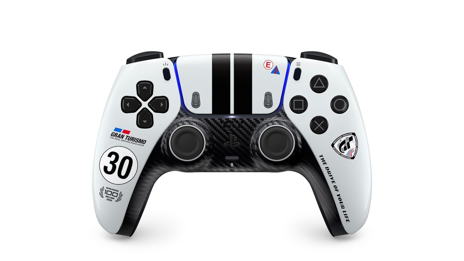 The DualSense Wireless Controller – Gran Turismo Limited Edition: white with black racing stripes on the touchpad, a carbon-fibre-style center plate, a number 30 roundel and Gran Turismo logos