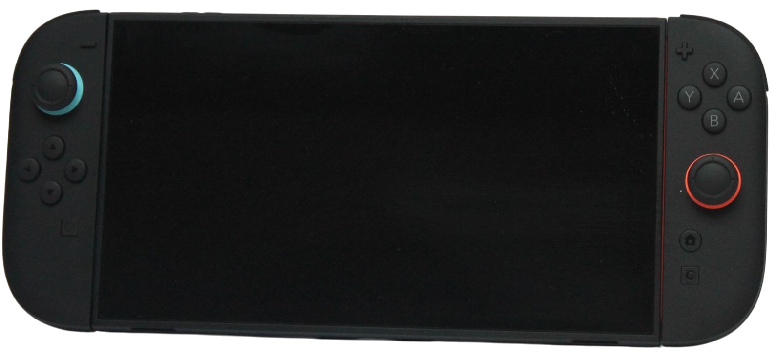 Nintendo Switch 2 photographed from the front with both Joy-Con 2 controllers attached and the screen off.