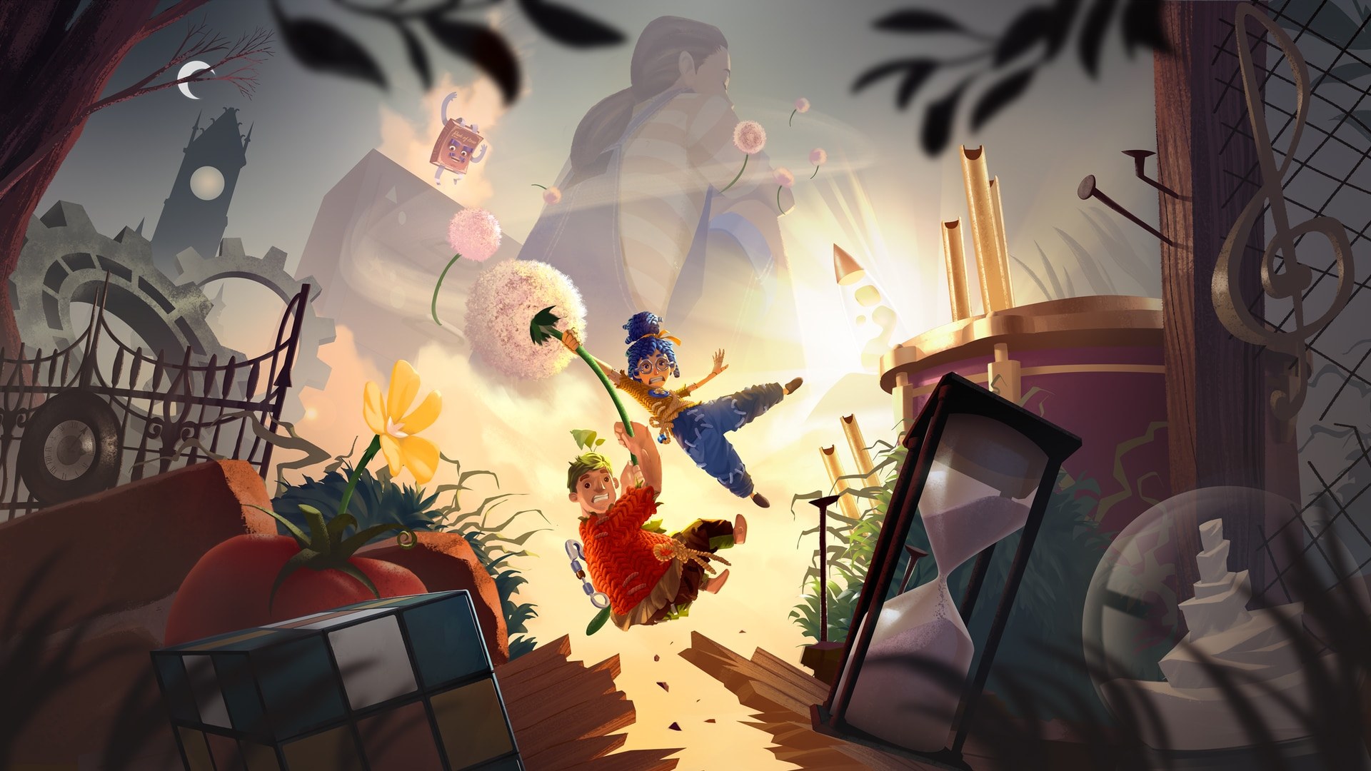 It Takes Two key art showing Cody and May as dolls against a colorful fantasy backdrop