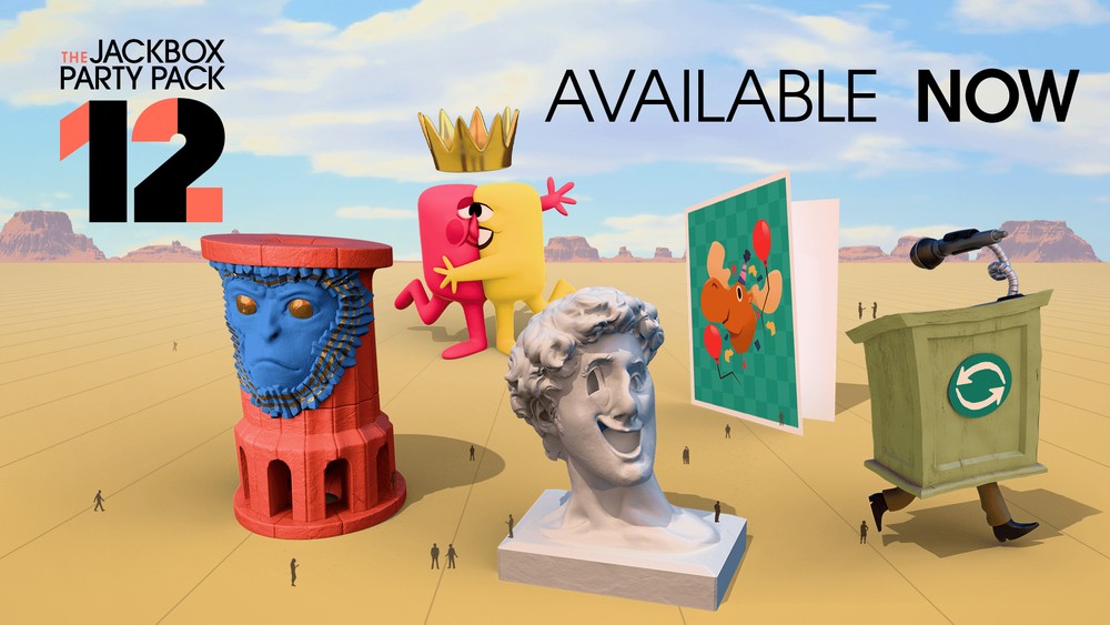 Official Jackbox Party Pack 12 launch artwork with the game logo, Available Now lettering and colorful characters from its five party games