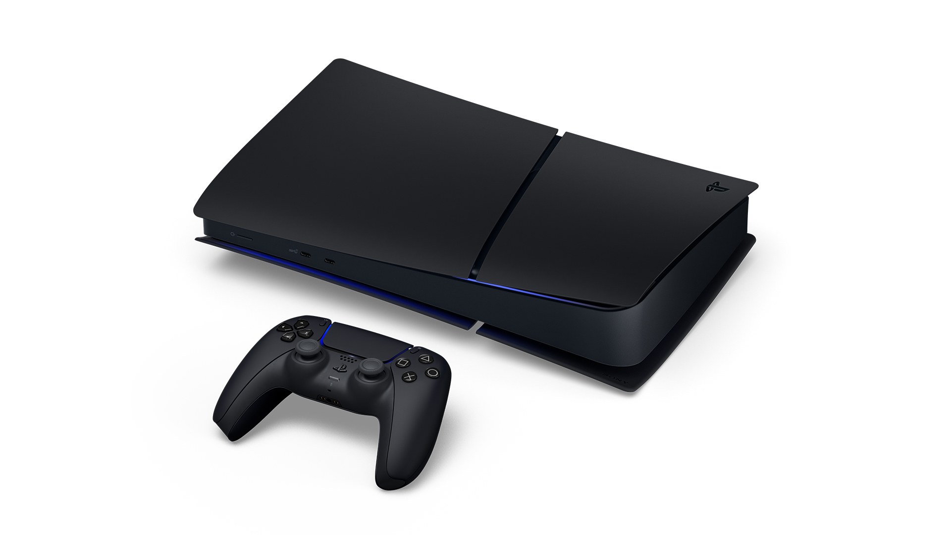 Midnight Black PS5 Digital Edition slim console and matching DualSense controller on a white background