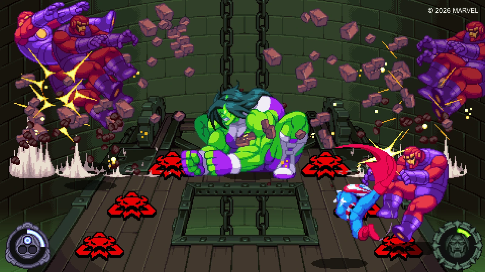 Two heroes fighting armored robots amid falling masonry and red floor warning symbols in Castle Doom mode.