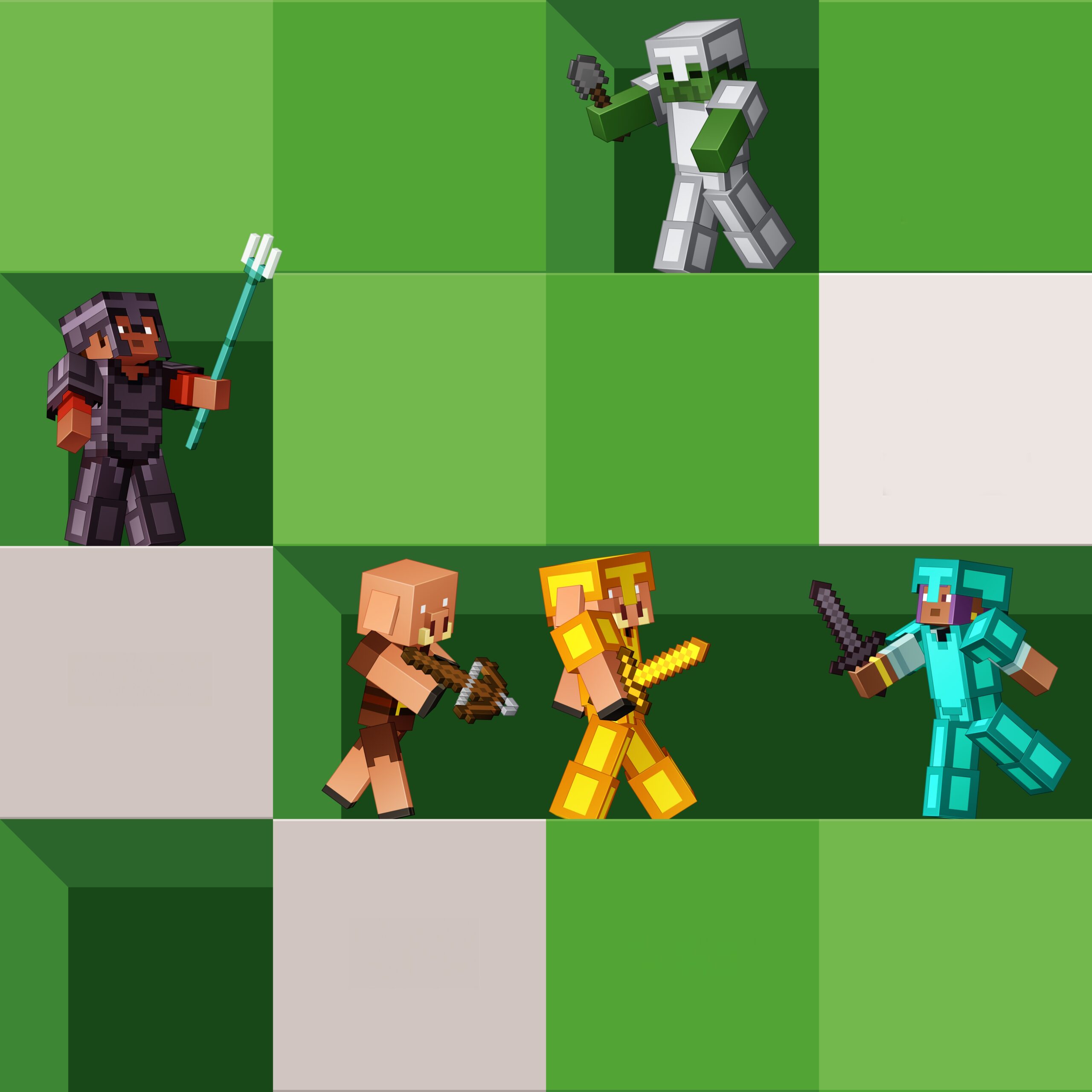 Armored Minecraft characters carrying weapons against a green grid in official promotional artwork.