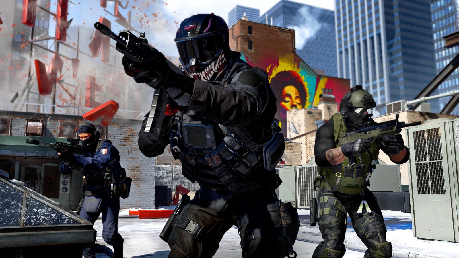 Three masked Modern Warfare 4 operators push across a snowy city rooftop with rifles raised, a colourful mural and glass towers behind them