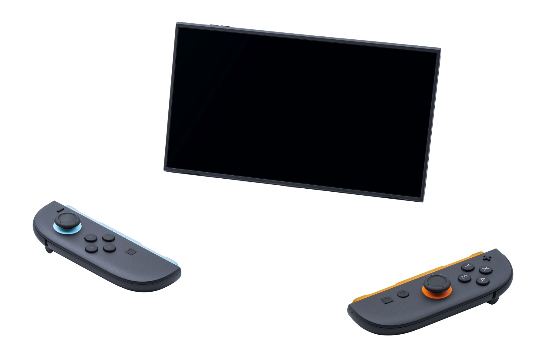 Nintendo Switch 2 console with its screen off and two detached Joy-Con 2 controllers on a white background.