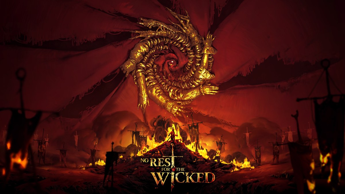 Official No Rest for the Wicked key art showing a spiral of golden figures above a fiery red scene and the game's title.
