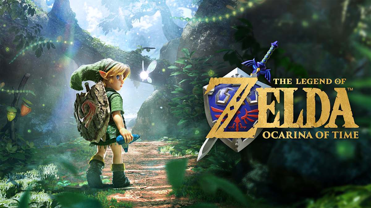 Young Link in Kokiri Forest holding the Ocarina of Time beside the Legend of Zelda Ocarina of Time logo
