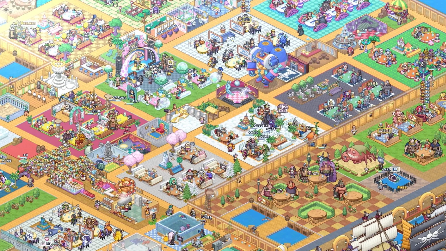 Official One Piece: Grand Gourmet screenshot showing a sprawling pixel-art floating restaurant with themed dining areas and characters.