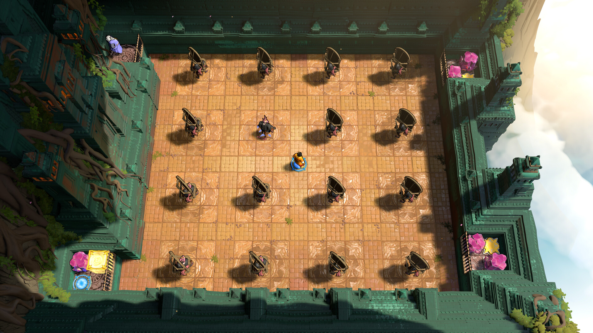 A sunlit stone courtyard in Order of the Sinking Star, seen from above, with arched structures across the floor and green stone walls around the edge