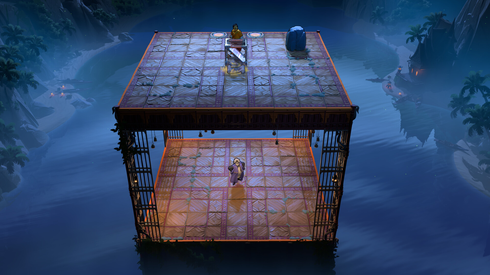 A two-level open pavilion floating over dark water in Order of the Sinking Star, with one character on the upper deck beside a device and another standing on the lower floor
