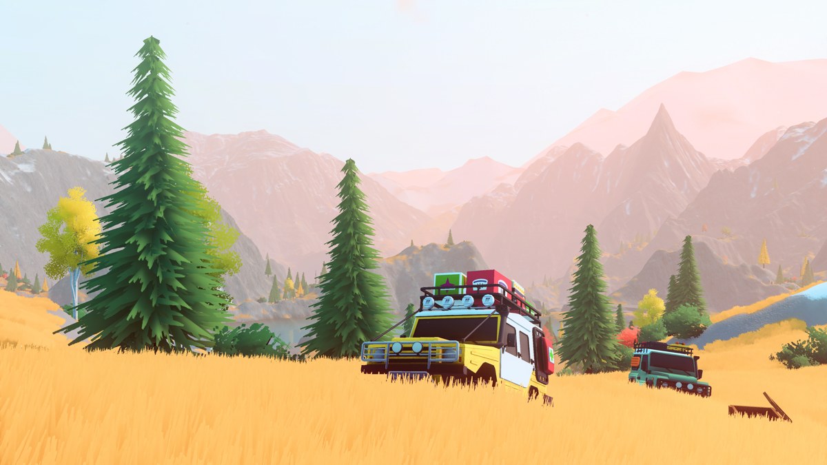 Two equipped off-road vehicles cross golden grass beneath pine trees and pink-lit mountains in Over the Hill