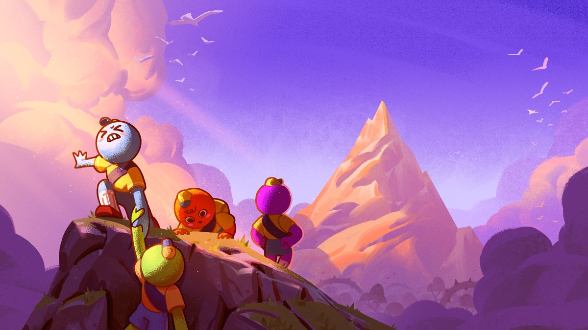 Official PEAK key art showing four colourful scouts helping one another climb a ledge beneath a mountain.