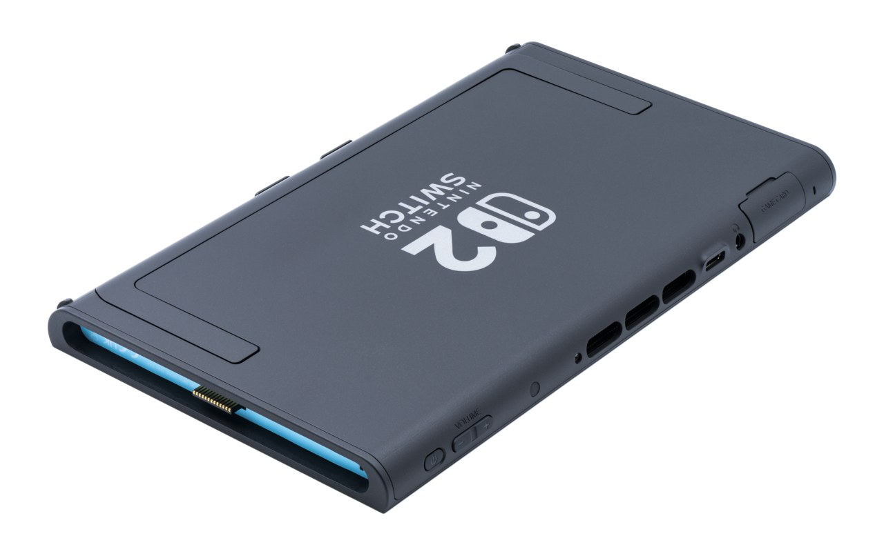 A real Nintendo Switch 2 photographed from the rear with its Joy-Con controllers detached.