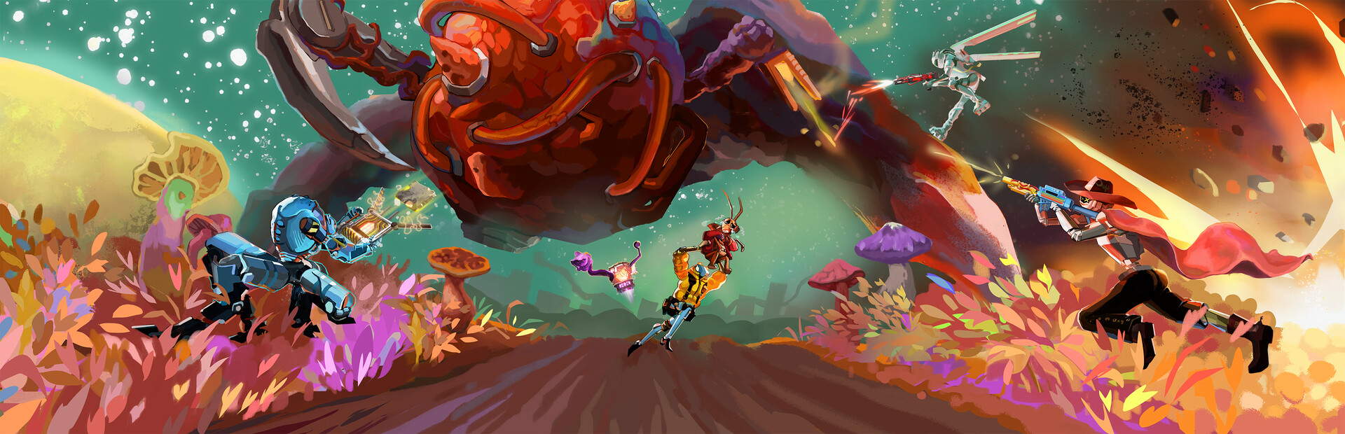 Mycopunk key art showing robot squad members fighting fungal enemies on a sci-fi planet surface