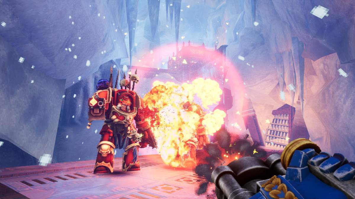 Official Boltgun 2 screenshot showing armored enemies and a burst of flame inside an icy cavern