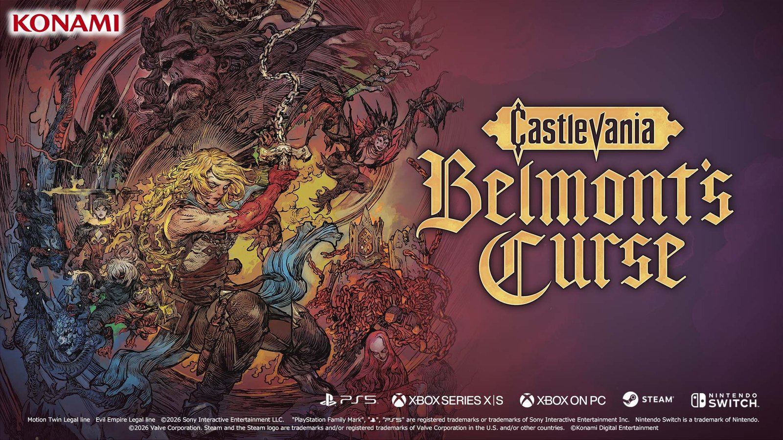 Official key art for Castlevania: Belmont's Curse showing Rose Belmont swinging a chained whip in front of a swirl of Dracula's monsters, with the gold Belmont's Curse logo on the right