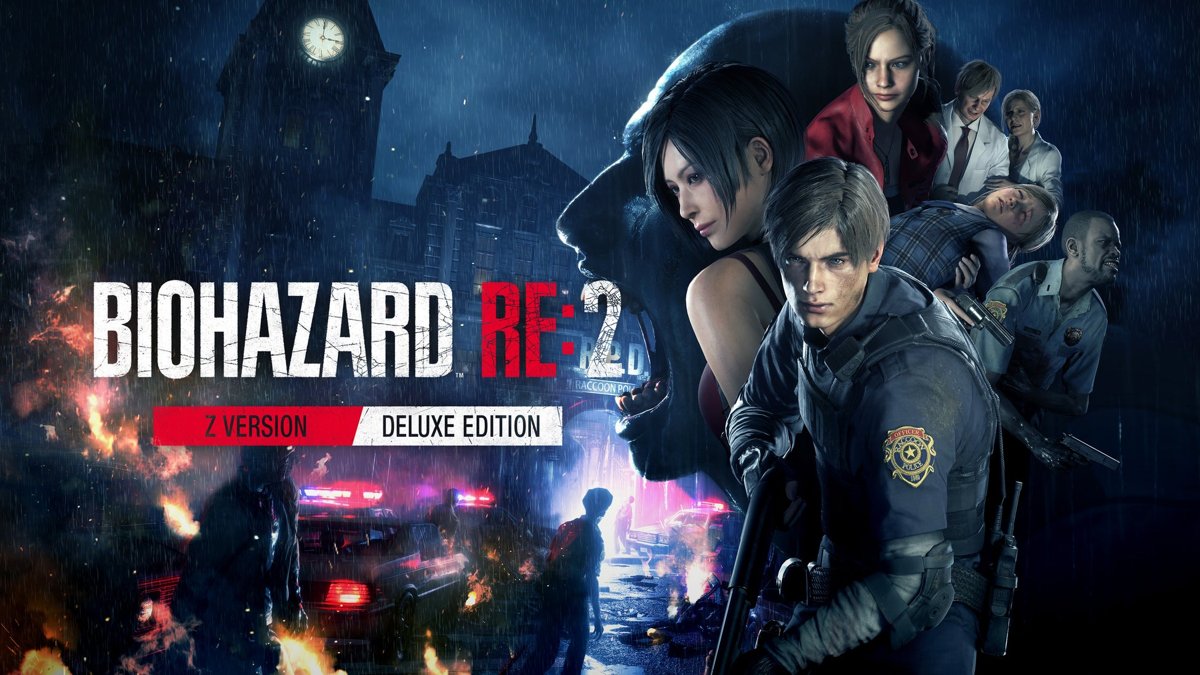 Japanese Resident Evil 2 Deluxe Edition key art showing Leon, Claire and other characters above Raccoon City