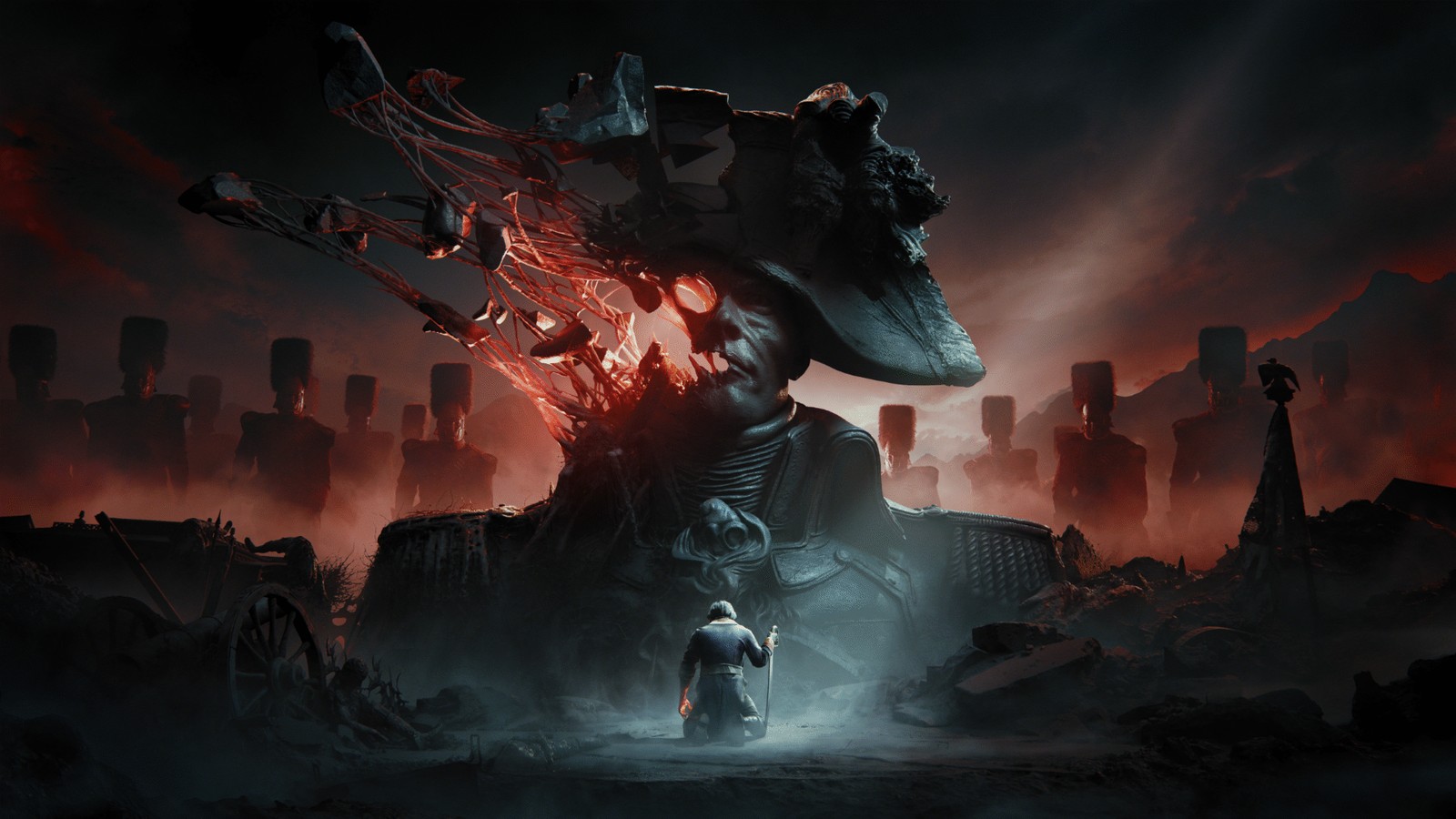 Official key art for Valor Mortis showing a Napoleonic soldier in a plague-ravaged battlefield