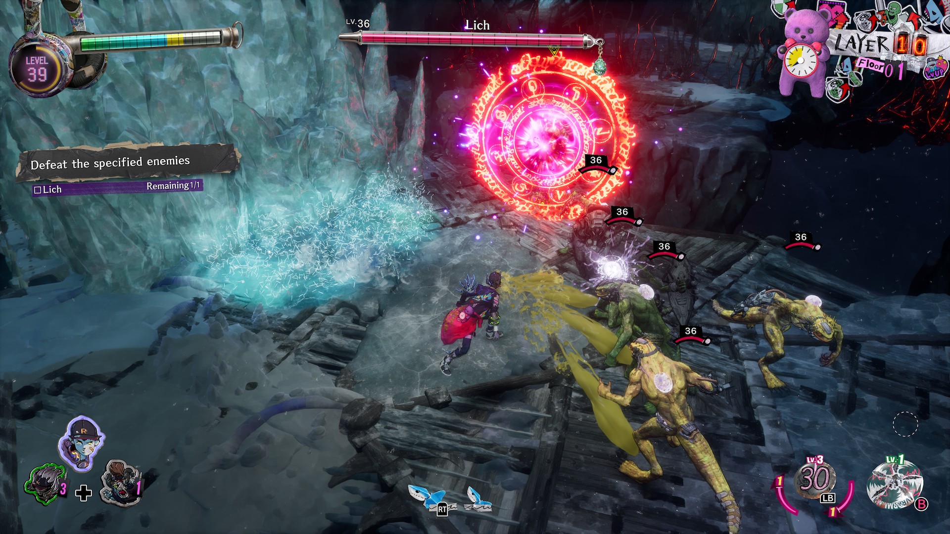 Official Stupid Never Dies screenshot showing Davy facing monsters and a glowing red magic circle in an icy dungeon