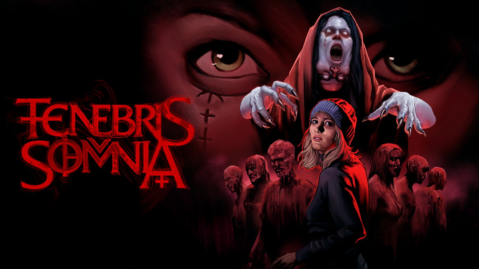 Official Tenebris Somnia illustrated key art showing a woman in a knit cap beneath a hooded monster, with the red game logo at left