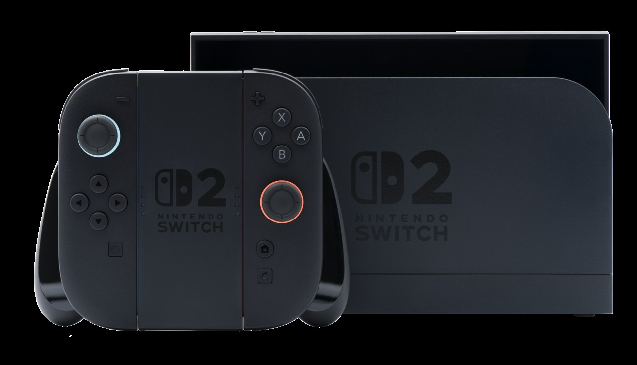 Nintendo Switch 2 dock and console behind a pair of Joy-Con 2 controllers in a grip.