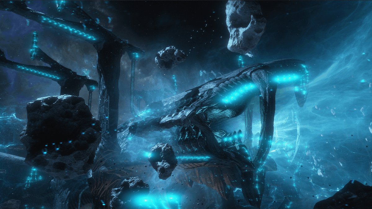 A vast spacecraft glowing blue amid floating rocks in official Warframe Taubound imagery.