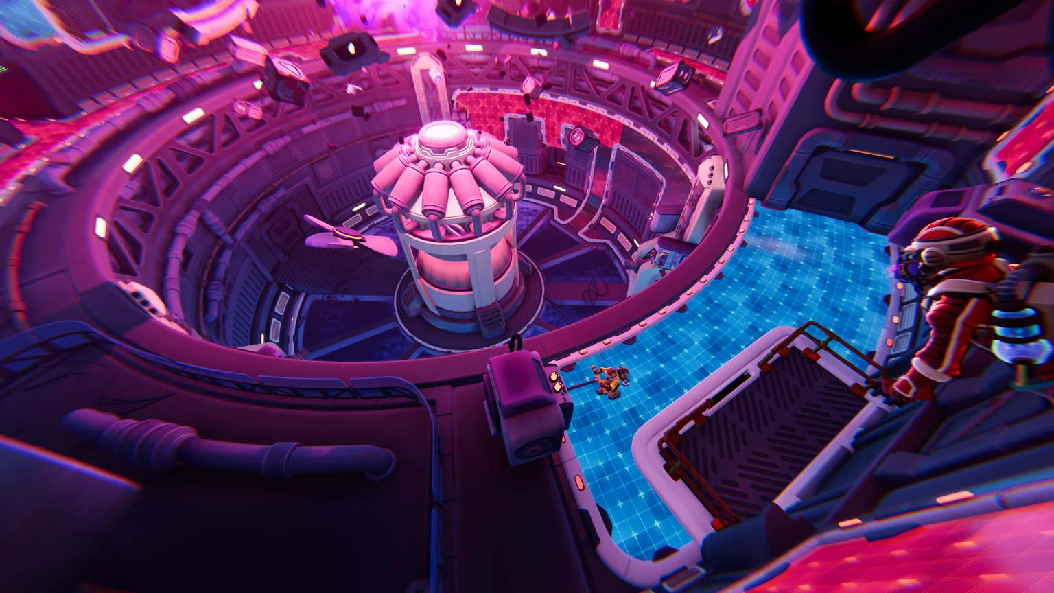 Two explorers on blue walkways around a glowing pink machine inside We Were Here Tomorrow’s futuristic facility.