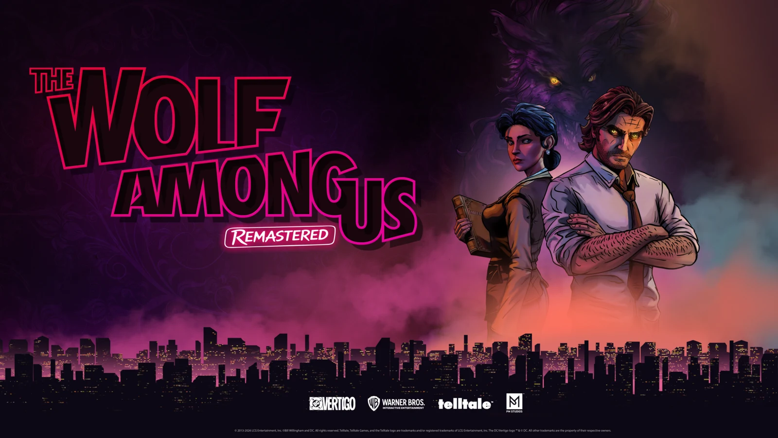Official The Wolf Among Us Remastered key art with Bigby Wolf and Snow White beside the game title above a city skyline.