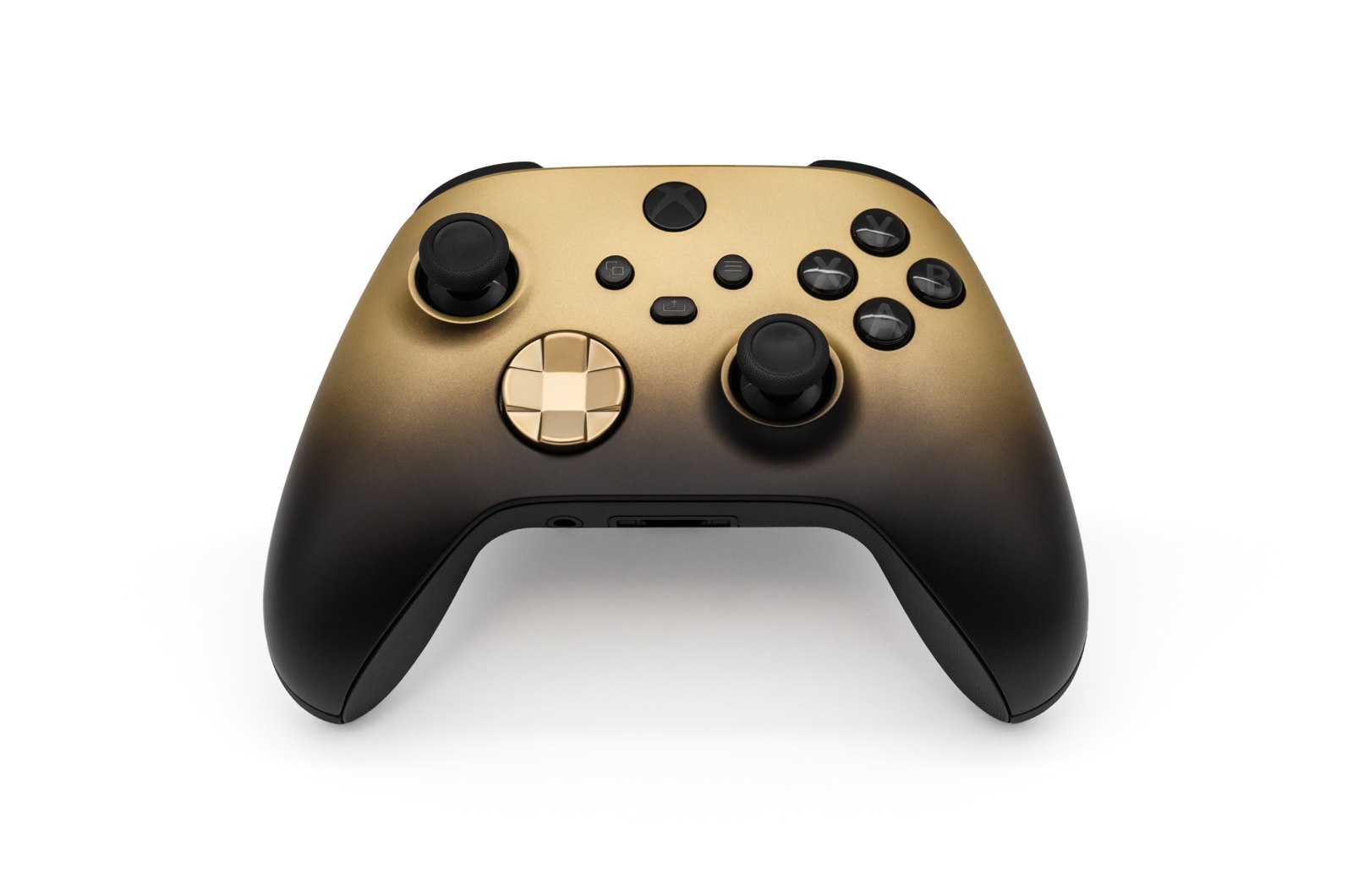 Gold-and-black Xbox Wireless Controller photographed on a white background.