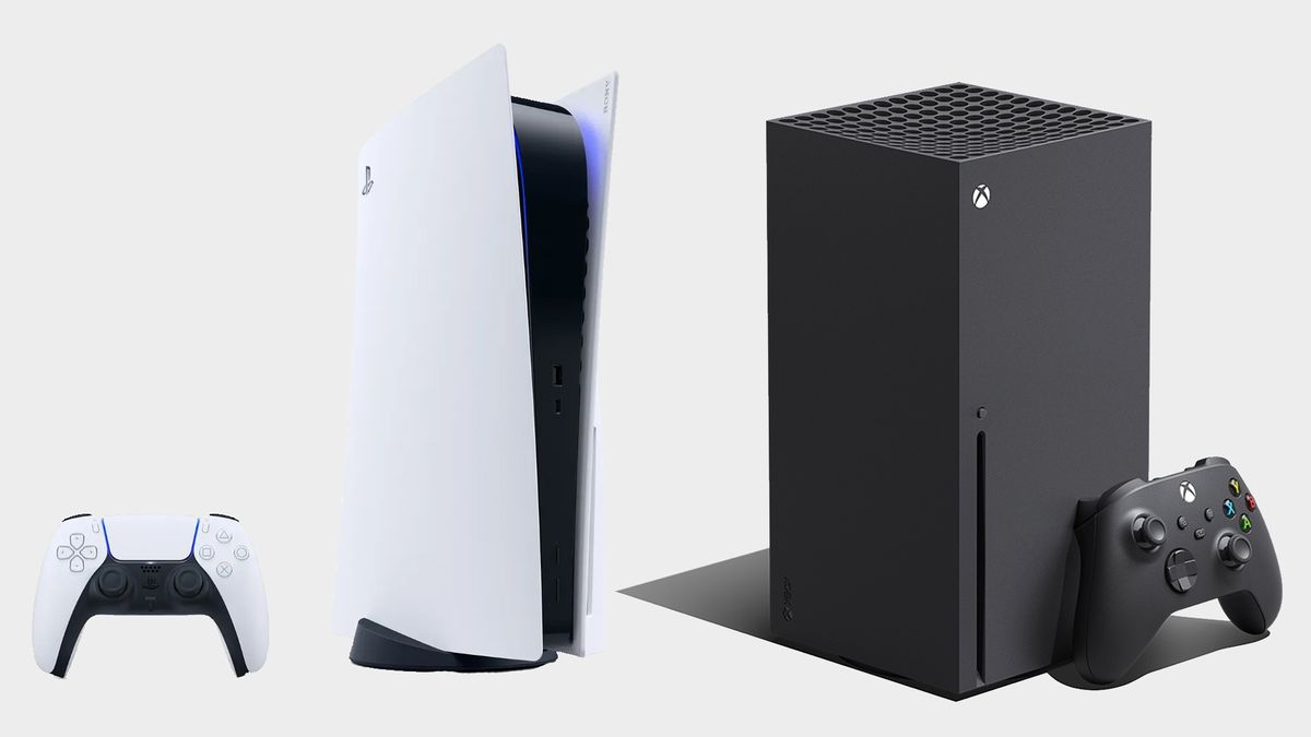 PlayStation 5 and Xbox Series X consoles with DualSense and Xbox Wireless controllers on a studio backdrop
