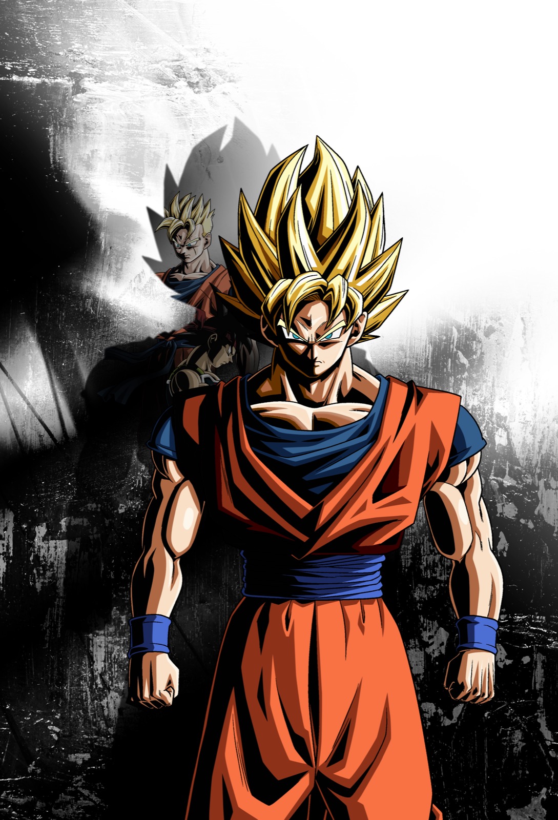 Super Saiyan Goku stands in front of silhouetted characters in Dragon Ball Xenoverse 2 key art.