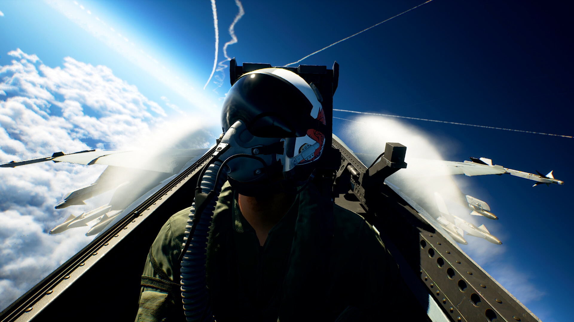 Official Ace Combat 8: Wings of Theve screenshot — pilot in cockpit above layered clouds