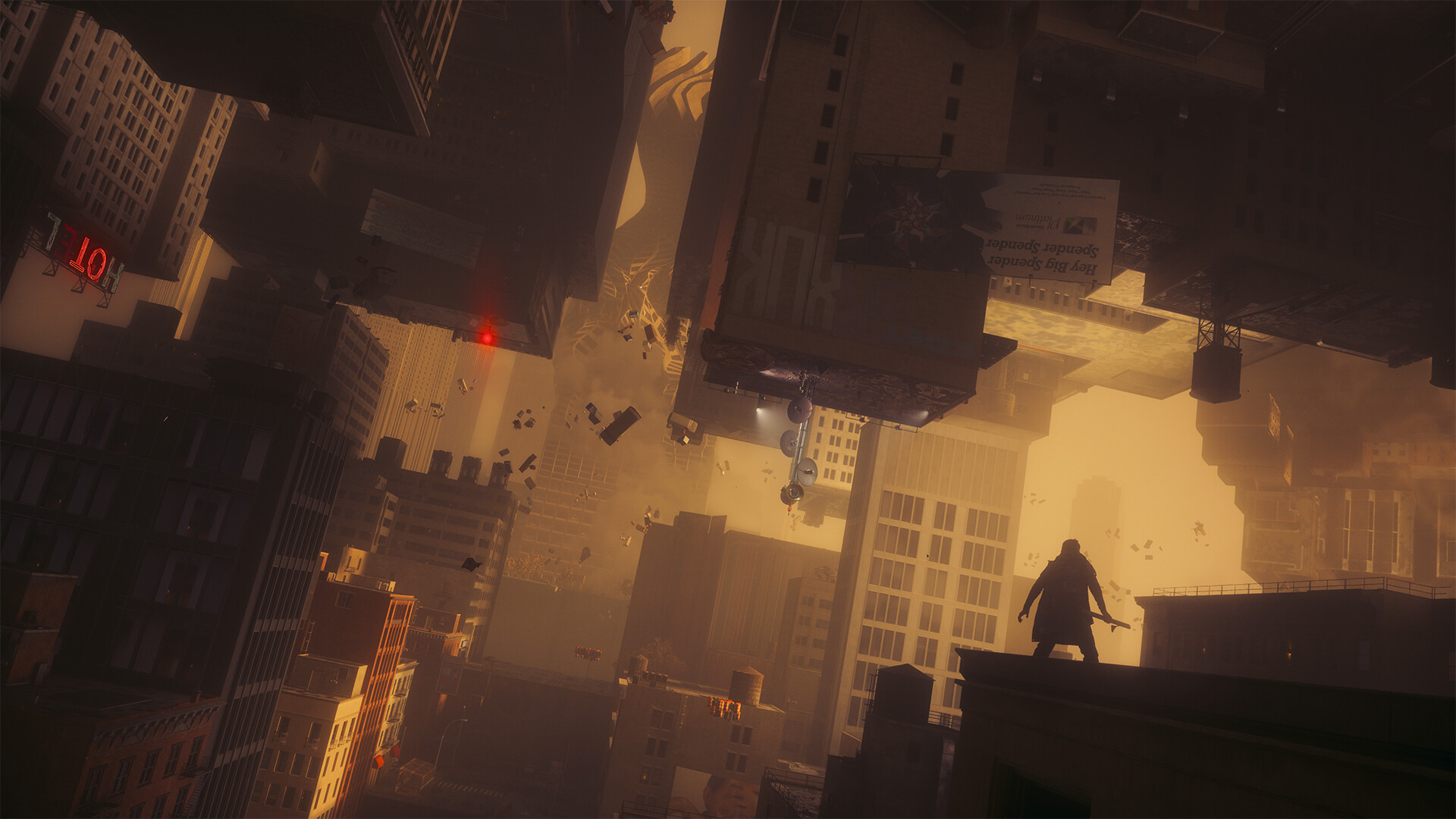 Official CONTROL Resonant screenshot — Dylan overlooking a gravity-warped Manhattan of inverted skyscrapers